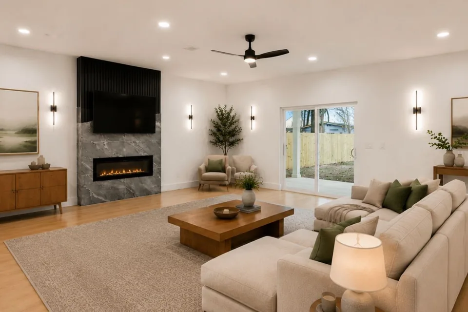 A staged living room with a fireplace in a newly built single-storey Dallas house.